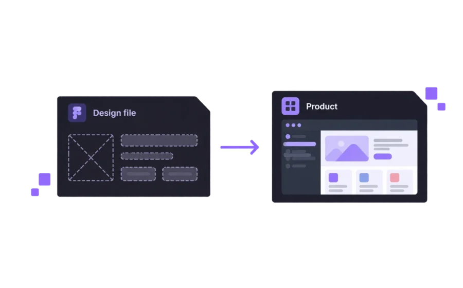 Wireframe design file next to the finished product interface, connected by an arrow